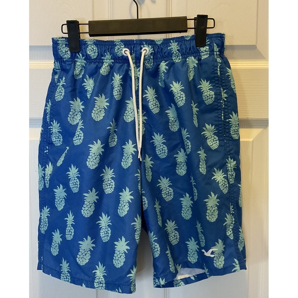Hollister California Mens XS Blue Pineapple Swim Trunks Drawstring Pockets N1
